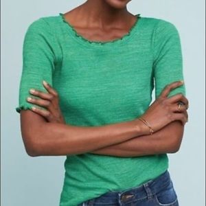 Anthropologie t.la green ribbed top 3/4 sleeve tee lettuce hem spring basic XS